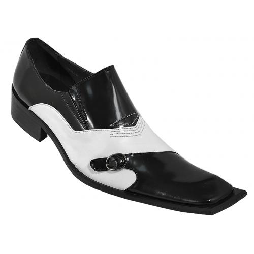Zota Black / White Diagonal Toe With Side Buckle Genuine Leather Loafer Shoes G901